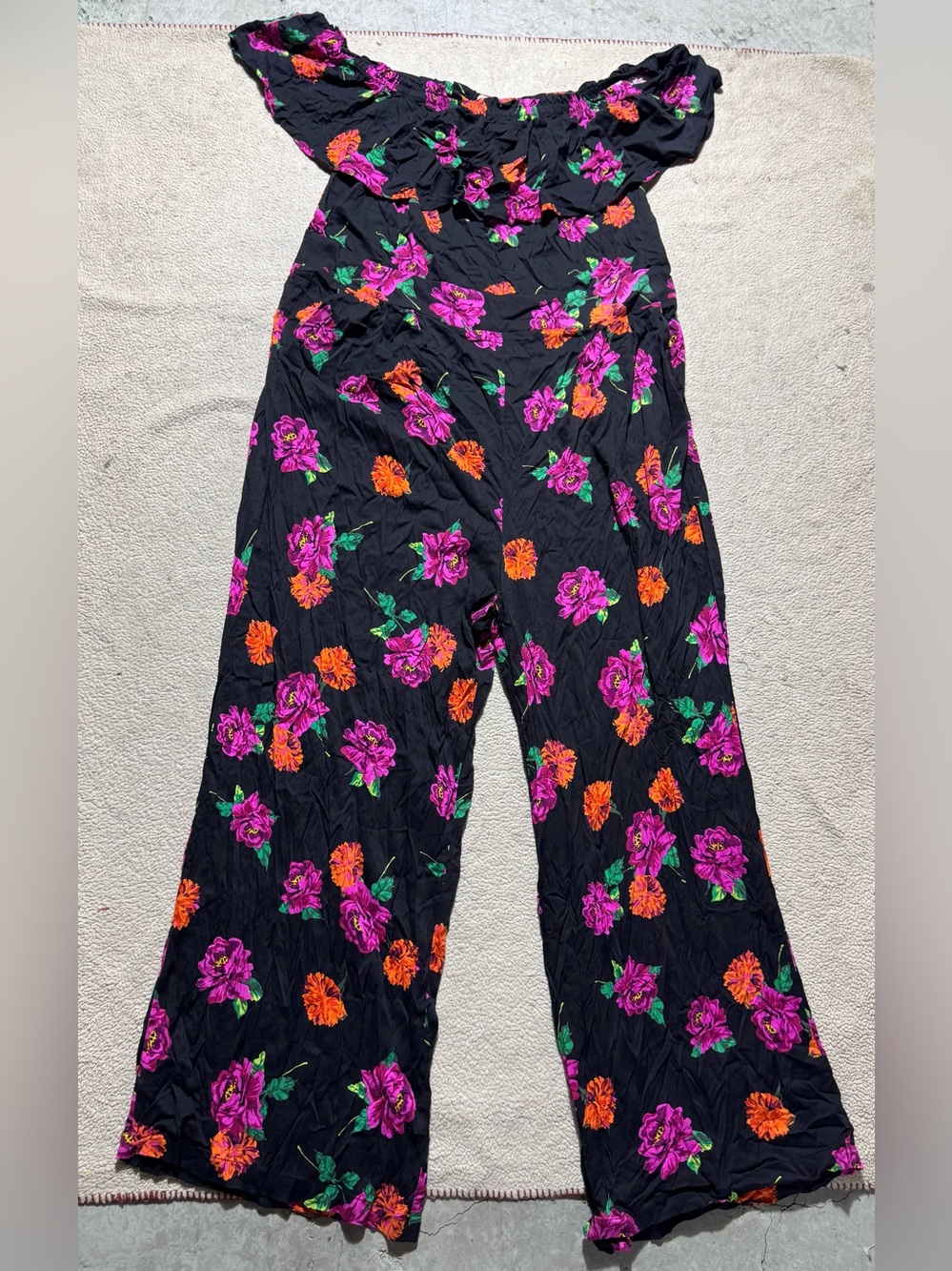Torrid Jumpsuit Womens 2 Black Floral Off Shoulder Challis Wide Leg Rayon NEW